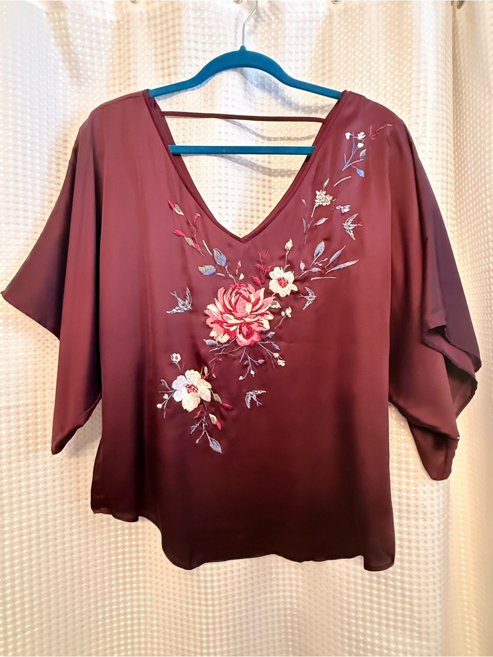 White House Black Market Embroidered V-Neck Blouse - Wine